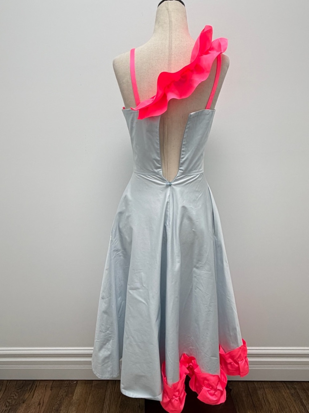 Paskal Ruffled Satin Trimmed Stretch Cotton Poplin Blue Pink Midi Dress X-Small - Picture 8 of 12